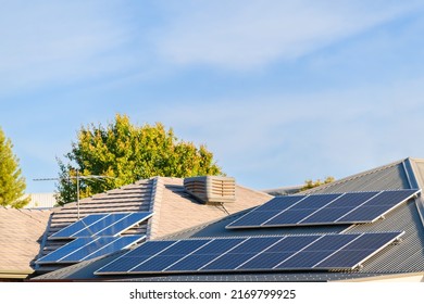 House Roofs With Solar Panels Installed In Suburban Area Of South Australia