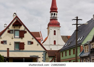 House Roofs And Spire Of St. Elizabeth Church In Parnu, Estonia. Exterior Details, Traditional Architecture. Cityscape. Downtown, Sightseeing, Culture And Religion Themes