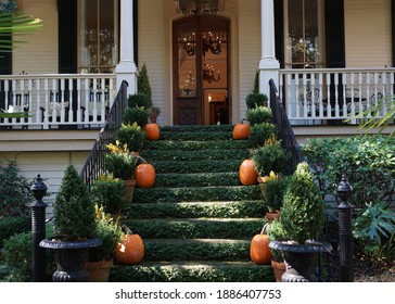 House In Savannah Georgia With Pumpkins On Steps                        