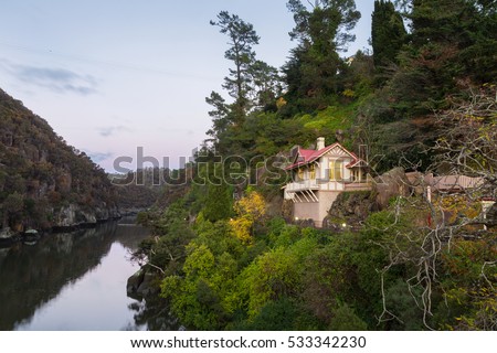 House and scenic view over the Esk river towards Cataract Gorge in Launceston, Tasmania