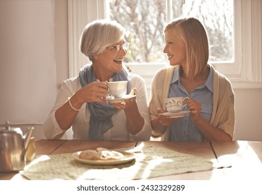 House, senior and daughter together with tea for breakfast with biscuits, health and snacks with woman. Female person, smile and happiness with mother in family home, elderly and girl with coffee - Powered by Shutterstock