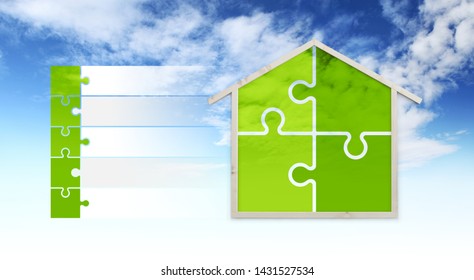 House Shape And Puzzle Symbols, Isolated On Sky Background, Infographic For Green Buildings And Save Energy Eco Sustainability