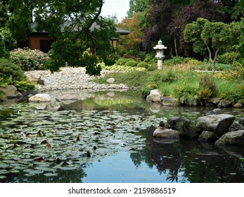 House shaped sculpture by a pond in the Japanese garden in Wrocław, Poland