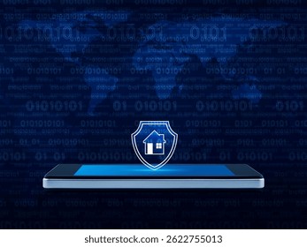 House with shield icon on modern smart mobile phone screen over world map and computer binary code, Business home insurance and security online concept, Elements of this image furnished by NASA