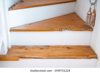 House stairs that were bitten by termites. The wood was broken because it was destroyed by termites.