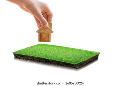 House symbol and, land plot for housing construction project.  round soil ground cross section with earth land and green grass, realistic rectangle cutaway terrain floor with rock isolated - Shutterstock ID 1606930024
