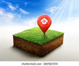 House Symbol With Location Pin Icon On Cubical Soil Land Geology Cross Section With Green Grass, Ground Ecology Isolated On Blue Sky. Real Estate Sale Or Property Investment Concept. 3d Illustration.