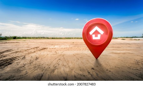 House symbol with location pin icon on empty dry cracked swamp reclamation soil in real estate sale or property investment concept, Buying new home for family - 3d illustration of big advertising sign