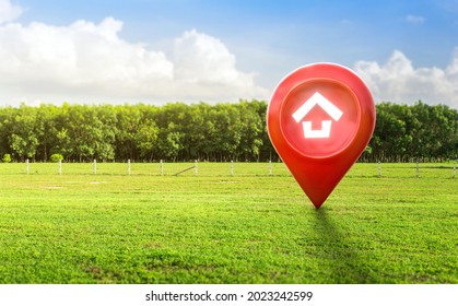 House symbol with location pin icon on earth and green grass in real estate sale or property investment concept, Buying new home for family - 3d illustration of big advertising sign. - Shutterstock ID 2023242599