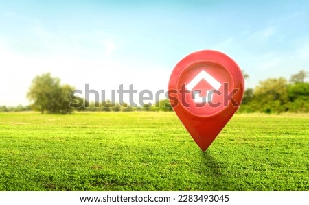 House symbol with location pin icon on earth and green grass in real estate sale or property investment concept, Buying new home for family - 3d illustration of big advertising sign.