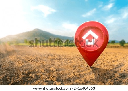 House symbol with location pin icon on empty dry cracked swamp reclamation soil in real estate sale or property investment concept, Buying new home for family - 3d illustration of big advertising sign