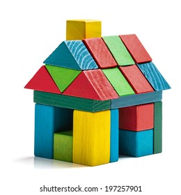 house toy blocks isolated white background, little wooden home 