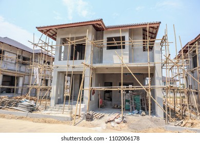 house under construction with autoclaved aerated concrete block structure at building site