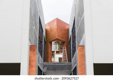 House Under Construction. Prefabricated Building Elements. Cement And Red Brick. Symmetry 