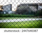 A house is visible through a chain link fence, creating a dynamic contrast between the manmade barrier and the natural world beyond.
