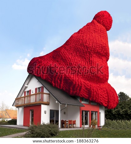 House wearing red woolen hat for keeping warm.