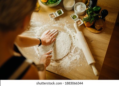 House Wife Making Quick Easy Homemade Crunchy Crust Dough From Scratch By Hand. Gluten Free.Gluten Intolerance.Low Carb Substitute.Ingredients For Pie Baking.Bread Making.Cooking At Home.