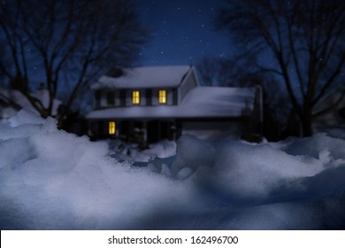 House In Winter On A Moonlit Night