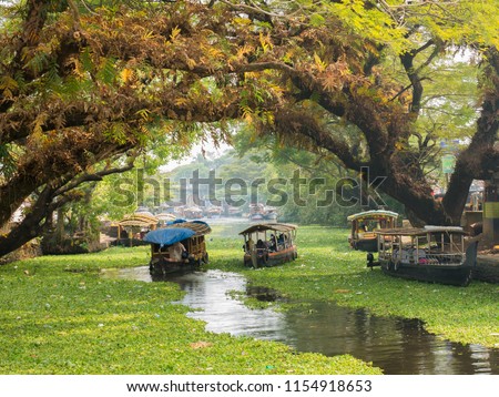 Houseboats on the backwaters of Kerala in Alappuzha (Alleppey).