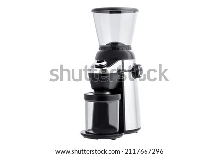household appliances for grinding coffee beans into dosed grind with conical burrs for professional espresso preparation, object with button and regulator and container isolated on white.