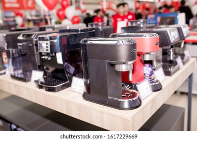 Household Appliances In The Store. Large Selection Of Home Goods. Assortment Of Electronic Devices. Buying New Home Appliances On Sale At A Mall. Coffee Maker. Almaty, Kazakhstan, December 25, 2019