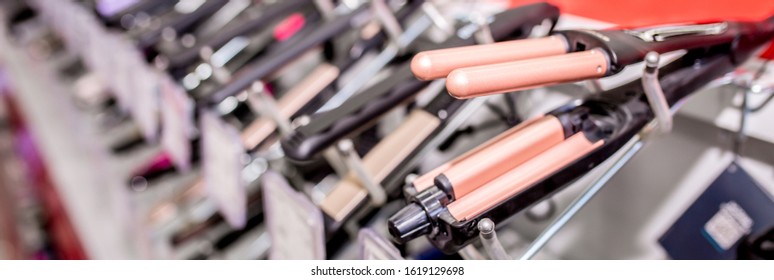 Household Appliances In The Store. Large Selection Of Home Goods. Assortment Of Electronic Devices. Buying New Home Appliances On Sale At A Mall. Hair Dryer. Almaty,  Kazakhstan, December 25, 2019