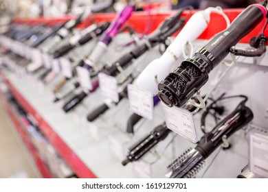 Household Appliances In The Store. Large Selection Of Home Goods. Assortment Of Electronic Devices. Buying New Home Appliances On Sale At A Mall. Hair Dryer. Almaty,  Kazakhstan, December 25, 2019