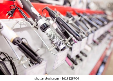 Household Appliances In The Store. Large Selection Of Home Goods. Assortment Of Electronic Devices. Buying New Home Appliances On Sale At A Mall. Hair Dryer. Almaty,  Kazakhstan, December 25, 2019