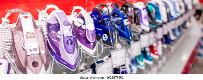 Household Appliances In The Store. Large Selection Of Home Goods. Assortment Of Electronic Devices. Buying New Home Appliances On Sale At A Mall. Iron Almaty, Kazakhstan, December 25, 2019