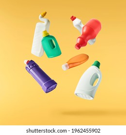 Household cleaning product. A plastic bottle falling in the air isolated on yellow background. Product mockup for your brand - Shutterstock ID 1962455902