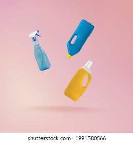 A Household Cleaning Product. A Plastic Bottle Falling In The Air On The Background.