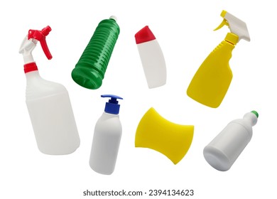 Household cleaning product plastic bottle falling in the air on white background - Powered by Shutterstock