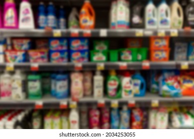 Household Cleaning Products On Store Shelves. Front View. Blurred.