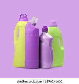 Household cleaning products in plastic bottles isolated on a pink background. Colorful plastic bottles product mockup. - Powered by Shutterstock