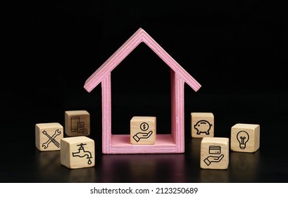 Household Expenses Concept, Cube Wood With Home Expenses, Water Bills, Electricity Bills, Card Bills, Credit, Phone Bills, House Repairs Icons.                     