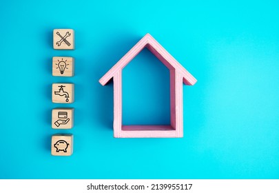 Household Expenses Concept, Cube Wood With Home Expenses, Water Bills, Electricity Bills, Card Bills, Credit, Phone Bills, House Repairs Icons. Flat Lay.            