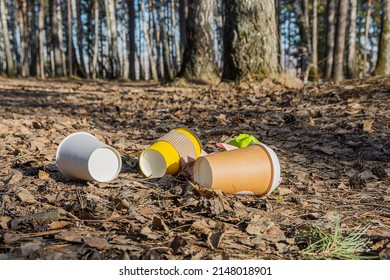 Household garbage left in the forest by tourists. Coffee paper cups, crumpled sheets of paper are scattered on the path. The concept of environmental pollution with household waste. - Shutterstock ID 2148018901
