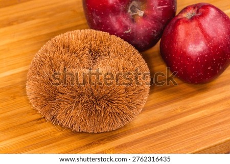 Household kitchen scraper of the toroidal form with natural bristles of coconut fiber for cookware and fruits cleaning lie on a cutting board on a blurred background of the harvested red apples 
