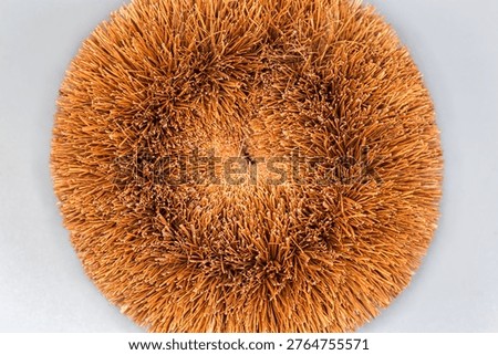 Household kitchen scraper of the toroidal form with natural bristles of coconut fiber for cookware, vegetables and fruits cleaning, top view of fragment close-up on a gray background
