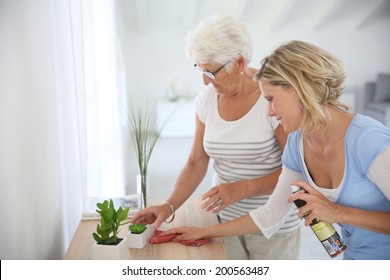 Housekeeper Cleaning Elderly Woman's Home