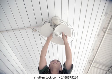 The Housekeeper Is Installing The Ceiling Fan After Being Cleaned. 