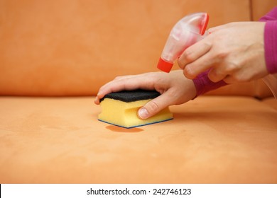 Housemaid Is Cleaning Stain On Sofa With Spray Bottle And Sponge