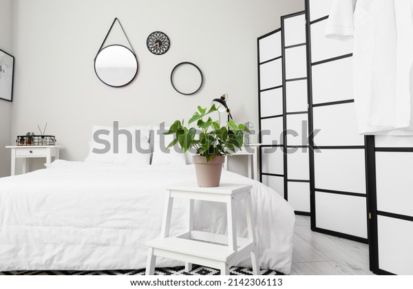 Houseplant on step stool\
in light bedroom