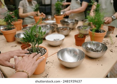 houseplants replanting workshop class. Group of people working at the table with plants, pots, soil mix. Plants are trend in home décor gardening industry hobby. plant clubs, plant swaps community  - Powered by Shutterstock