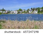 Houses across the Gillies Lake in Timmins, Ontario, Canada