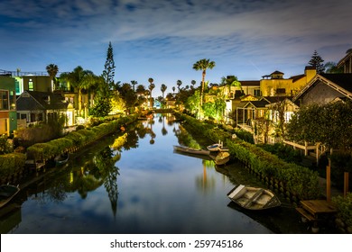 Houses Along The Venice Canals At Night, In Venice Beach, Los Angeles, California.