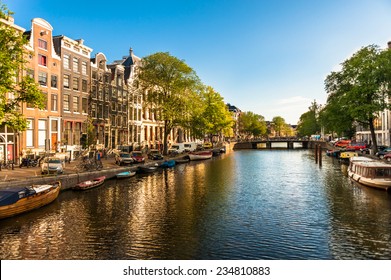 Houses and Boats on Amsterdam Canal