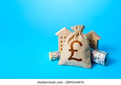 Houses And British Pound Sterling Money Bag. Asset, Financial Resource Management. Building Up Capital, Inflation Risks. Savings. Declaration, Taxes Payment. Bookkeeping And Accounting. Real Estate.