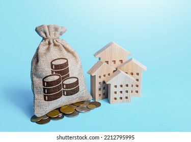 Houses And Coin Money Bag. Real Estate Investment And Rental Business. Fair Market Price. Increasing Property Value. Home Taxation. Residential Or Commercial Property Income. Municipal Budget.