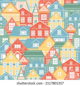 Houses of european city street view seamless pattern. Colorful village houses illustration. For interior decor, poster and fabric print design.